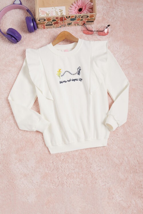 Ekru Kelebek Nakışlı Volanlı Kız Çocuk Sweatshirt 16405