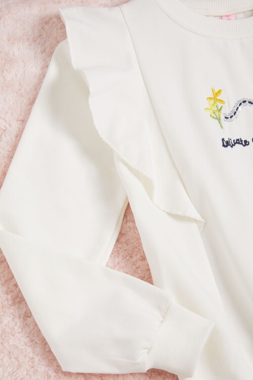 Ekru Kelebek Nakışlı Volanlı Kız Çocuk Sweatshirt 16405