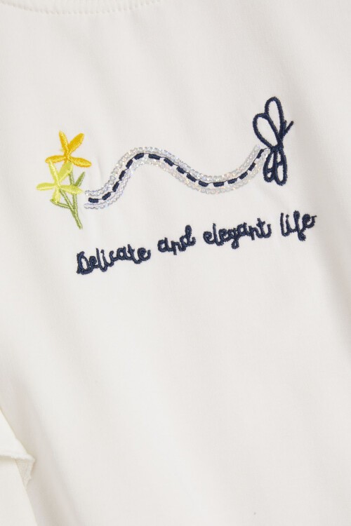 Ekru Kelebek Nakışlı Volanlı Kız Çocuk Sweatshirt 16405