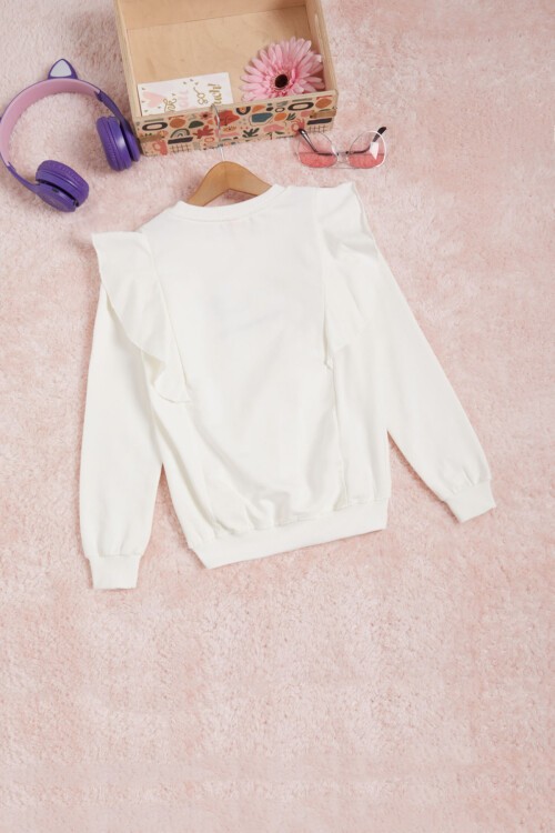 Ekru Kelebek Nakışlı Volanlı Kız Çocuk Sweatshirt 16405