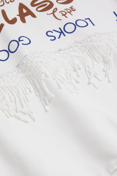 Ekru Yazı Baskılı Püsküllü Kız Çocuk Sweatshirt 16312