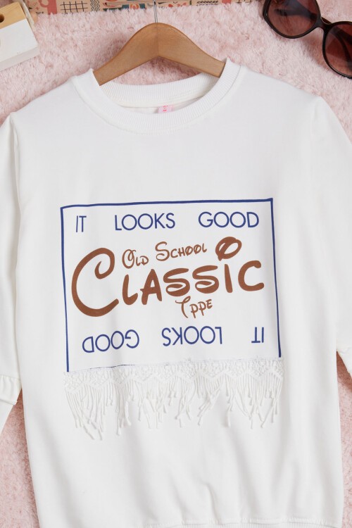 Ekru Yazı Baskılı Püsküllü Kız Çocuk Sweatshirt 16312