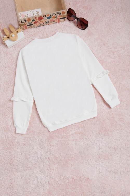 Ekru Yazı Baskılı Püsküllü Kız Çocuk Sweatshirt 16312