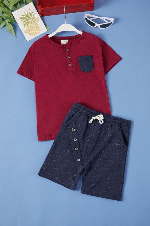 Erkek Bebek Bordo Cep Detaylı 6-36 Ay Şortlu Takım 1853