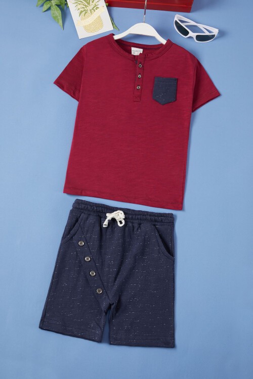 Erkek Bebek Bordo Cep Detaylı 6-36 Ay Şortlu Takım 1853