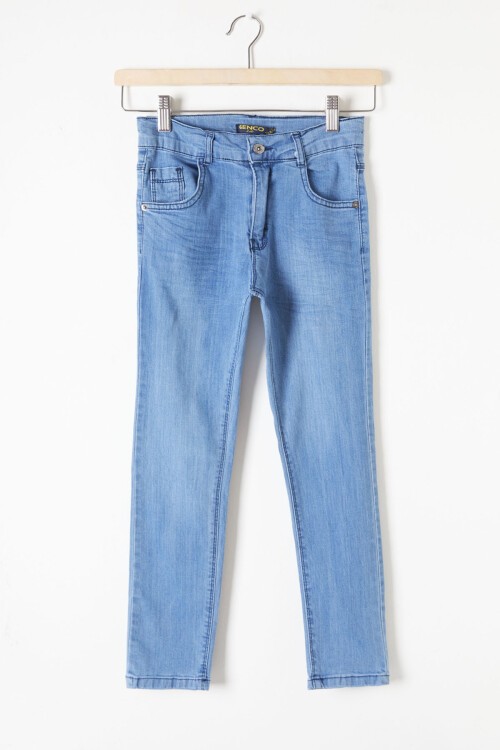 Erkek Çocuk Mavi Eskitmeli Dar Paça Jean Pantolon 16176