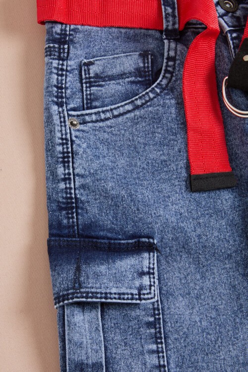 Erkek Çocuk Mavi Yazı Nakışlı Kemerli Jean Şort 16104