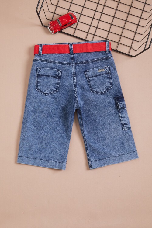 Erkek Çocuk Mavi Yazı Nakışlı Kemerli Jean Şort 16104