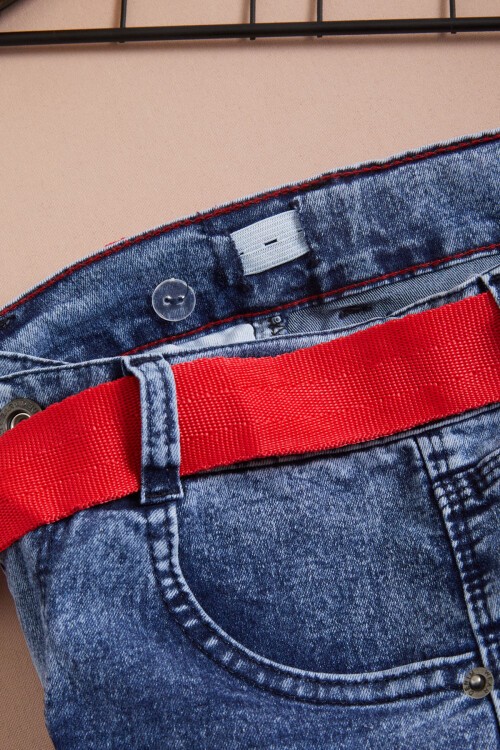 Erkek Çocuk Mavi Yazı Nakışlı Kemerli Jean Şort 16104