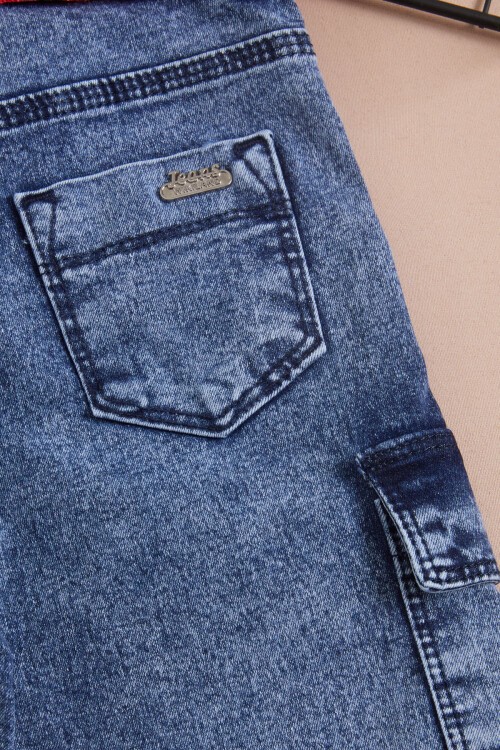 Erkek Çocuk Mavi Yazı Nakışlı Kemerli Jean Şort 16104