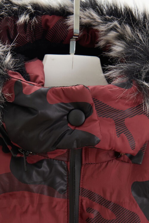 Erkek Çocuk Mont Kamuflaj Desenli Kapüşonlu Şişme Mont 14538