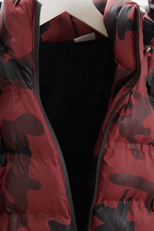 Erkek Çocuk Mont Kamuflaj Desenli Kapüşonlu Şişme Mont 14538