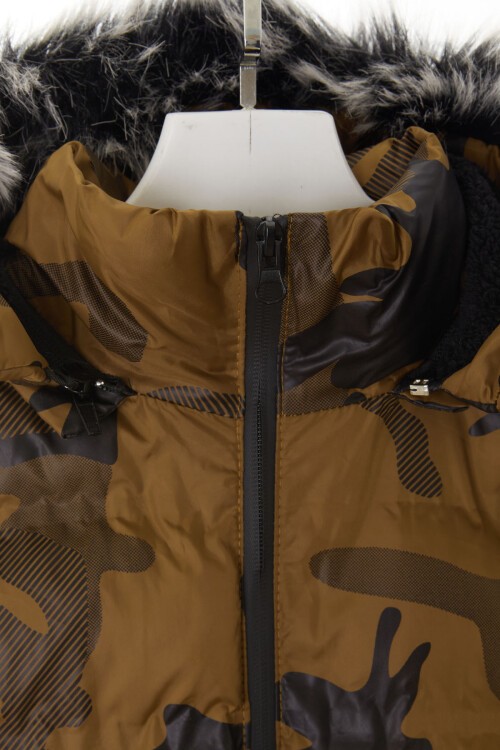 Erkek Çocuk Mont Kamuflaj Desenli Kapüşonlu Şişme Mont 14538