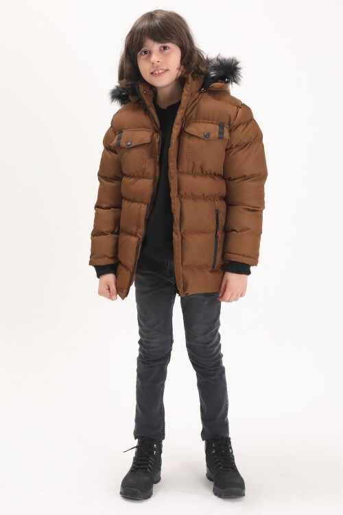 Erkek Çocuk Şişme Mont Cebi Kapaklı Kahverengi 15513
