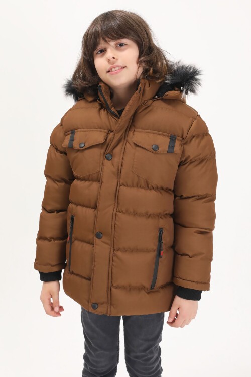 Erkek Çocuk Şişme Mont Cebi Kapaklı Kahverengi 15513