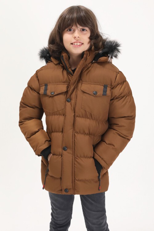 Erkek Çocuk Şişme Mont Cebi Kapaklı Kahverengi 15513