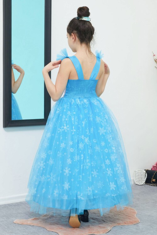 Frozen Baskılı Kar Desenli Kız Çocuk Tüllü Elbise 15312