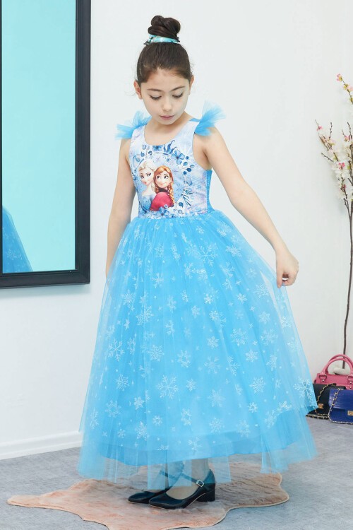 Frozen Baskılı Kar Desenli Kız Çocuk Tüllü Elbise 15312