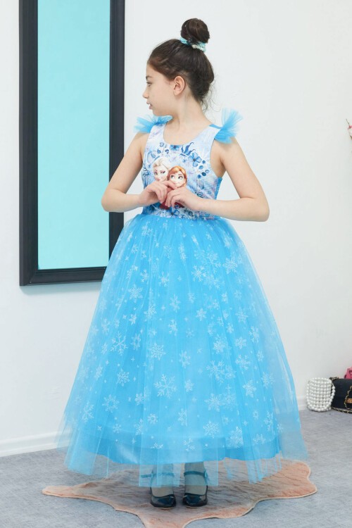 Frozen Baskılı Kar Desenli Kız Çocuk Tüllü Elbise 15312