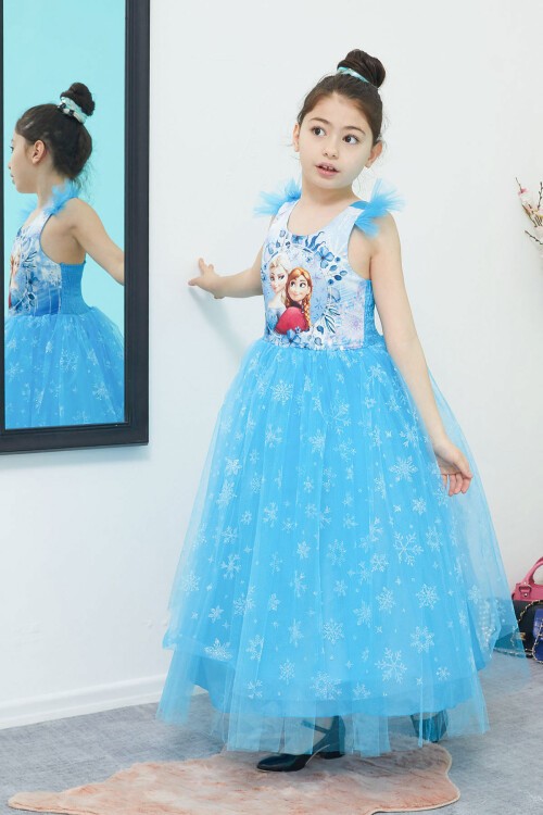 Frozen Baskılı Kar Desenli Kız Çocuk Tüllü Elbise 15312