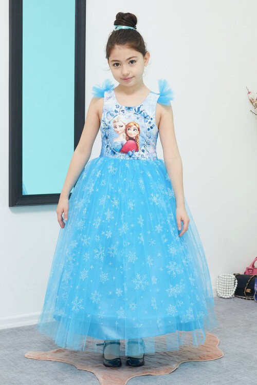 Frozen Baskılı Kar Desenli Kız Çocuk Tüllü Elbise 15312