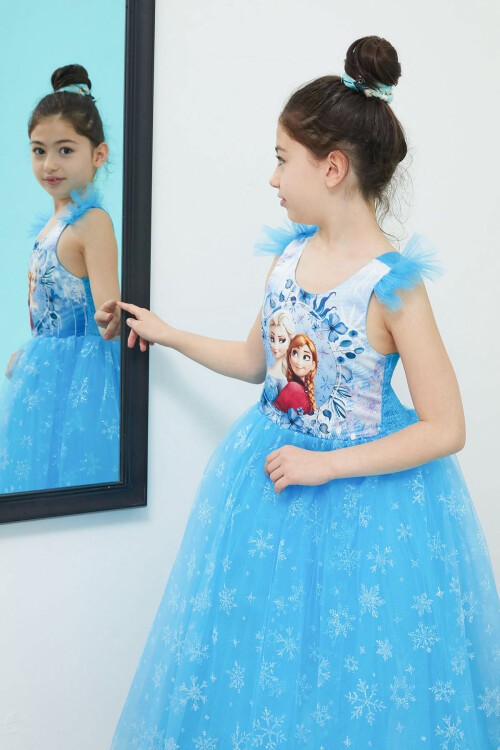 Frozen Baskılı Kar Desenli Kız Çocuk Tüllü Elbise 15312