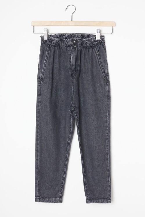 Füme Beli Lastikli Yüksek Bel Kız Çocuk Jean Pantolon 16394