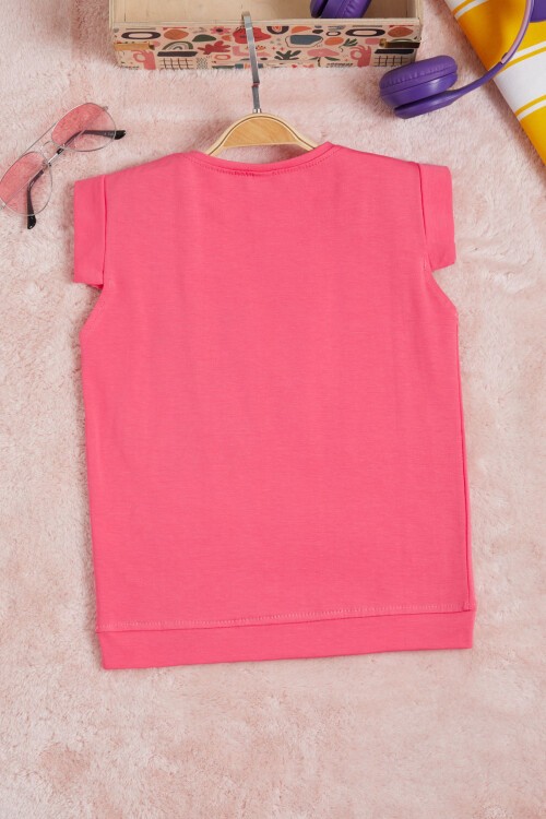 Fuşya Gökkuşağı Nakışlı Kız Çocuk Tişört 15568