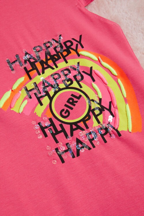 Fuşya Gökkuşağı Nakışlı Kız Çocuk Tişört 15568