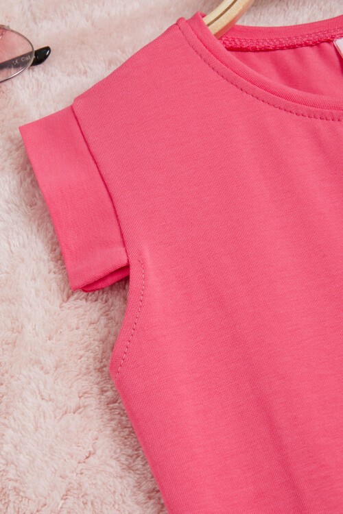 Fuşya Gökkuşağı Nakışlı Kız Çocuk Tişört 15568