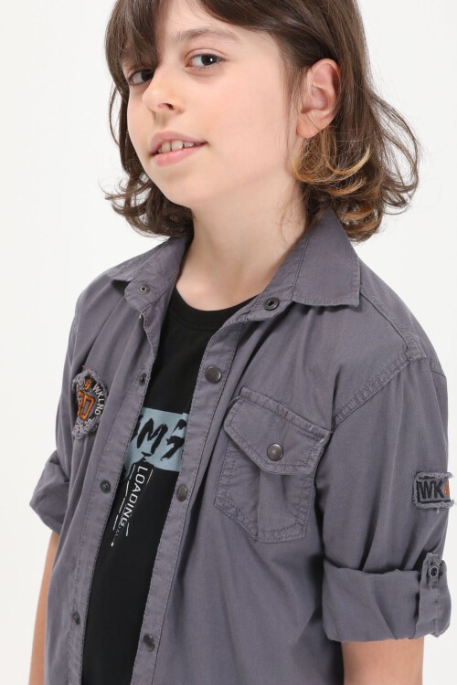 Gri Armalı Yazı Baskılı Tişörtlü Gömlek 16152