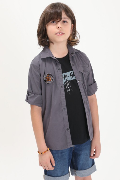 Gri Armalı Yazı Baskılı Tişörtlü Gömlek 16152