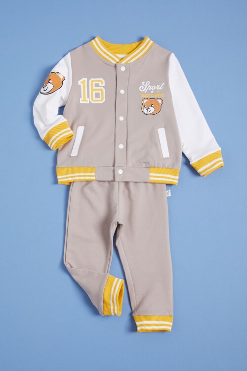 Bej Ayıcık Baskılı Kolej Ceketli Erkek Bebek Takım 16185