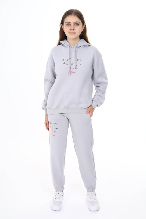 Gri Kalpli Yazı Baskılı Kız Çocuk Polarlı Eşofman Takımı 16459