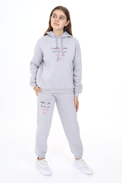 Gri Kalpli Yazı Baskılı Kız Çocuk Polarlı Eşofman Takımı 16459