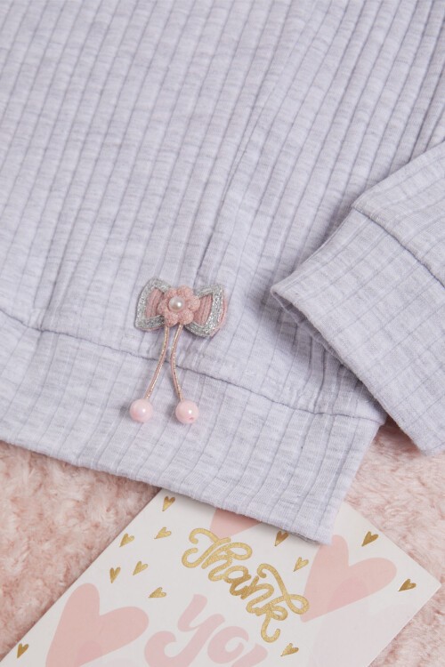 Gri Önü Fırfırlı Fitilli Uzun Kollu Sweatshirt