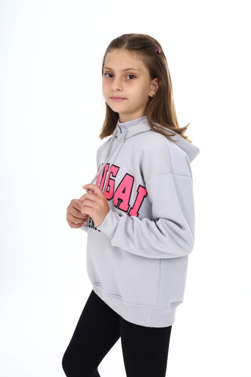 Gri Pengai Yazı Baskı Polarlı Kız Çocuk Sweatshirt 16463
