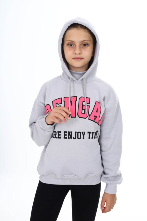 Gri Pengai Yazı Baskı Polarlı Kız Çocuk Sweatshirt 16463