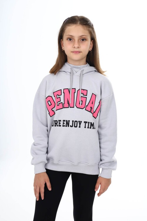 Gri Pengai Yazı Baskı Polarlı Kız Çocuk Sweatshirt 16463
