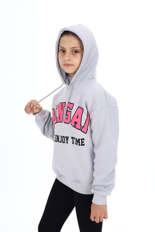 Gri Pengai Yazı Baskı Polarlı Kız Çocuk Sweatshirt 16463