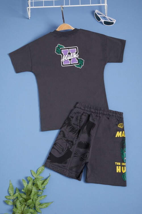 Gri Süper Kahraman Baskılı Erkek Çocuk Şortlu Takım 15564