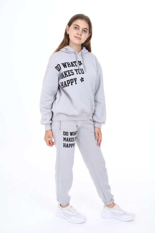 Gri Yazı Baskılı Polarlı Kız Çocuk Kapüşonlu Eşofman Takımı 16527