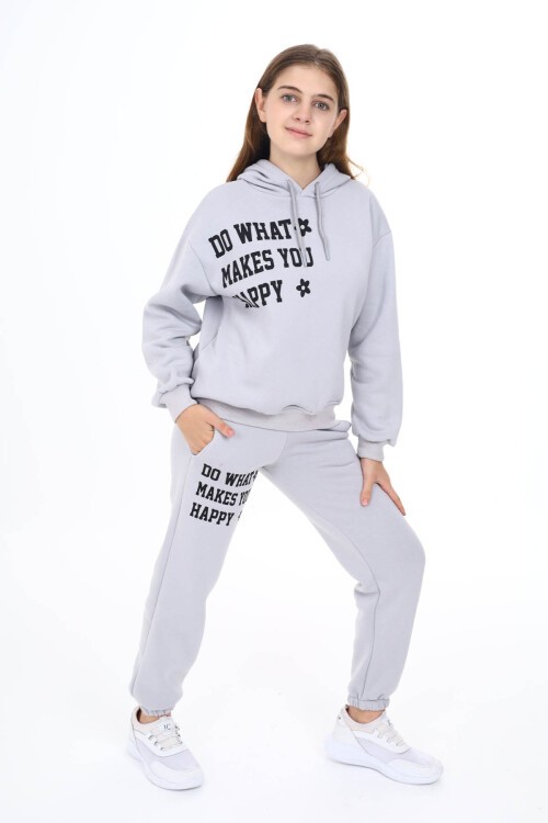 Gri Yazı Baskılı Polarlı Kız Çocuk Kapüşonlu Eşofman Takımı 16527
