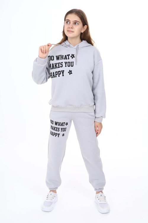 Gri Yazı Baskılı Polarlı Kız Çocuk Kapüşonlu Eşofman Takımı 16527