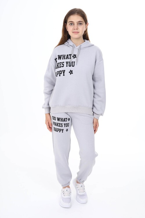 Gri Yazı Baskılı Polarlı Kız Çocuk Kapüşonlu Eşofman Takımı 16527