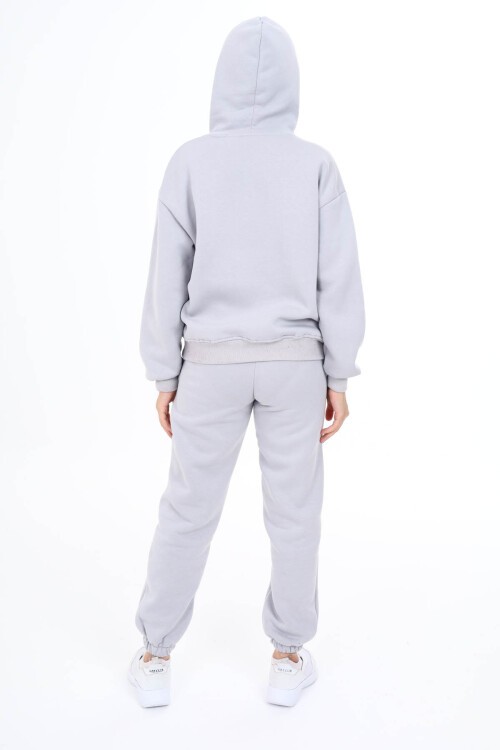 Gri Yazı Baskılı Polarlı Kız Çocuk Kapüşonlu Eşofman Takımı 16527