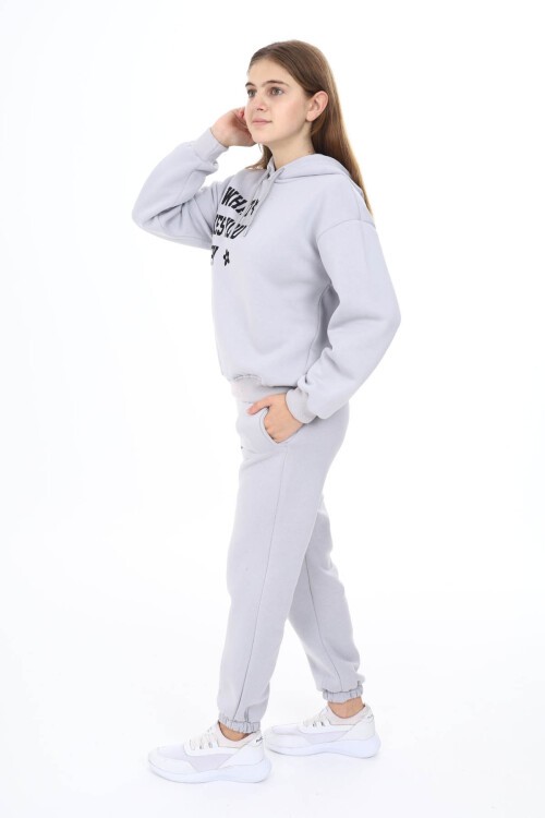 Gri Yazı Baskılı Polarlı Kız Çocuk Kapüşonlu Eşofman Takımı 16527
