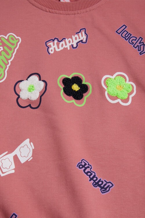 Gül Kurusu Çiçek Nakışlı Uzun Kol Kız Çocuk Sweatshirt 16301