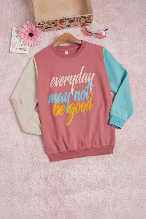 Gül Kurusu Kolları Renkli Yazı Baskılı Kız Çocuk Sweatshirt 16284