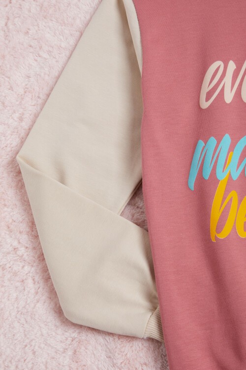 Gül Kurusu Kolları Renkli Yazı Baskılı Kız Çocuk Sweatshirt 16284